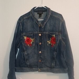 Lane Bryant Women's Denim Jacket with Red Floral Embroidery Size 22